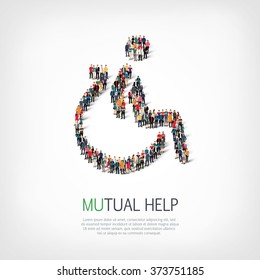 Group of people in the shape of invalid, mutual help. Vector illustration.