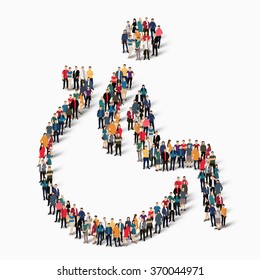 Group of people in the shape of a wheelchair, disabled symbol. Vector illustration.