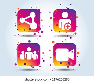 Group of people and share icons. Add user and video camera symbols. Communication signs. Colour gradient square buttons. Flat design concept. Vector