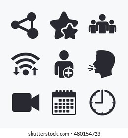 Group of people and share icons. Add user and video camera symbols. Communication signs. Wifi internet, favorite stars, calendar and clock. Talking head. Vector