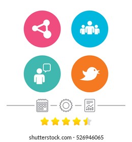 Group of people and share icons. Speech bubble symbols. Communication signs. Calendar, cogwheel and report linear icons. Star vote ranking. Vector