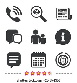 Group of people and share icons. Speech bubble and round the world arrow symbols. Communication signs. Newspaper, information and calendar icons. Investigate magnifier, chat symbol. Vector