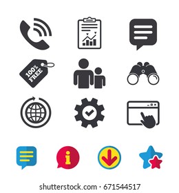 Group of people and share icons. Speech bubble and round the world arrow symbols. Communication signs. Browser window, Report and Service signs. Binoculars, Information and Download icons. Vector