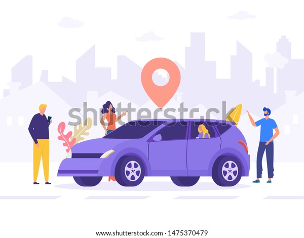 group of people sharing car, online car sharing\
service vector , happy friend with multi ethnic standing next to\
car, can use for, landing page, template, ui, web, mobile app,\
poster, banner, flyer