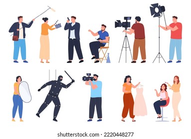 Un grupo de personas está filmando una película en un estudio de películas. Equipo de televisión y cine con cámaras, iluminación, micrófonos, proceso de creación de una película. Ilustración del vector