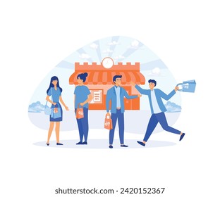 Group of people with Shopping Bags and Gifts. Male and Female Characters, Big Sale, Discount and Advertising Banner flat vector modern illustration 