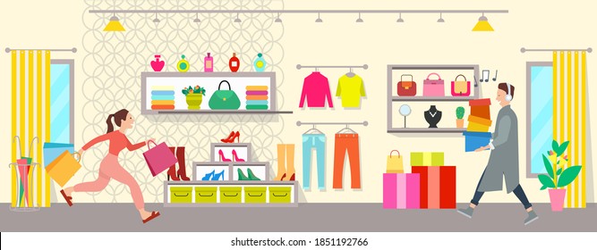 A group of people are shopping in a boutique. Male character with headphones is going with boxes in his hands. Woman with shopping bags is running after purchases. Buyers spend time in the mall