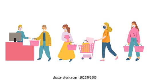 Group of people shopping queue during pandemic