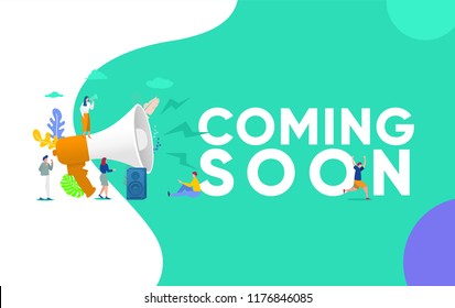 Group of people shouting on megaphone 
 with coming soon word vector illustration concept, can use for, landing page, template, ui, web, mobile app, poster, banner, flyer