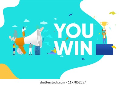 Group of people shouting on megaphone 
 with you win word vector illustration concept, can use for, landing page, template, ui, web, mobile app, poster, banner, flyer