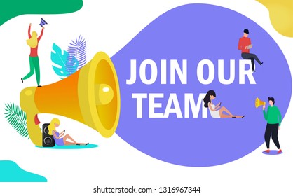 Group of people shouting on megaphone with join our team word vector  concept, it can be used for landing page, template, ui, mobile app, websites, poster, banner, flyer.