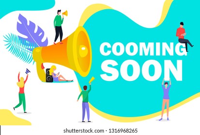	
Group of people shouting on megaphone with coming soon word of vector modern concept, it can be used for landing page, template, ui, mobile app, websites, poster, banner, flyer.