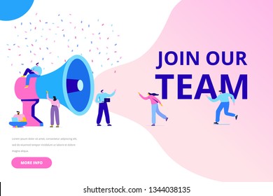 	
Group of people shouting on megaphone Join our team vector illustration concept. Flat style  illustration for web.