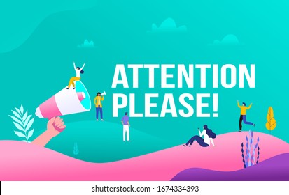 Group of people shouting on megaphone with attention please word vector illustration concept, can use for, landing page, template, ui, web, mobile app, poster, banner, flyer