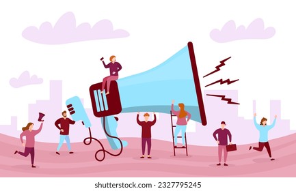 Group of people shouting on megaphone. Horn call, online alert. Vector flat illustration for business promotion, advertising,  landing page, template, ui, web, mobile app, poster, banner, flyer. 