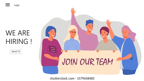 Group of people shouting and taking banner with join our team word vector. We are hiring illustration concept, it can be used for landing page, template, ui, mobile app, poster, banner, flyer