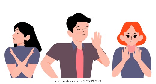 Group of people show stop gesture with their hands. serious Man and Woman gesturing no or stop sign with crossed hands cartoon illustration