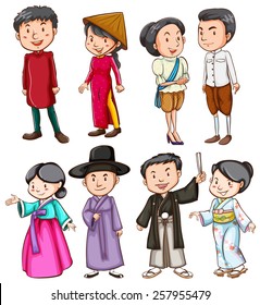 Group of people showing the Asian culture on a white background 