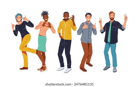 Group of people showing positive emotions with hand gestures like thumbs up and peace signs. They wear casual clothes and have various hairstyles, standing against a isolated white background