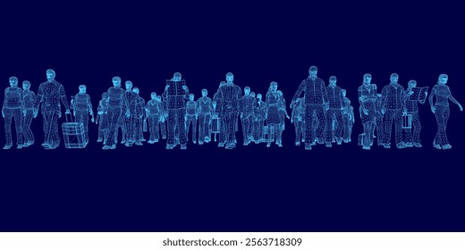 Group of people are shown in a blue background. The people are all different sizes and are scattered throughout the image. Scene is one of chaos and confusion