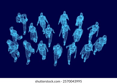 Group of people are shown in a blue background. The people are all different sizes and are scattered throughout the image. Scene is one of chaos and confusion