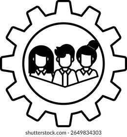 A group of people are shown in a circle, with the center of the circle being a gear. The people are all dressed in business attire, and the image conveys a sense of teamwork and collaboration