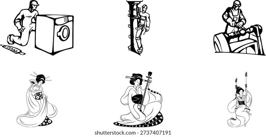 A group of people are shown doing various household chores, with their silhouettes visible against a plain background. The image depicts everyday tasks such as laundry, cleaning, and maintenance, highlighting the importance of these duties in our daily lives. The silhouette mode adds a touch of simplicity and elegance to the scene.