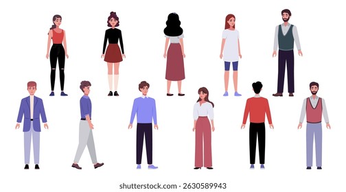 O grupo de pessoas é mostrado em uma linha de diferentes exibições. As pessoas são de idades e gêneros diferentes. Vetor definido em estilo plano