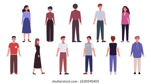 Group of people are shown in a row from different views. The people are of different ages and genders. Vector set in a flat style