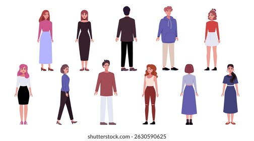 O grupo de pessoas é mostrado em uma linha de diferentes exibições. As pessoas são de idades e gêneros diferentes. Vetor definido em estilo plano