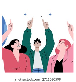 Un grupo de personas se muestra con las manos levantadas en el aire, como si estuvieran celebrando o animando