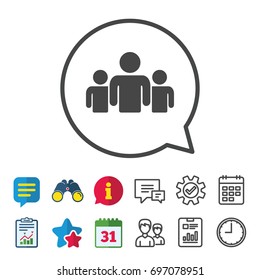 Group of people sign icon. Share symbol. Information, Report and Calendar signs. Group, Service and Chat line icons. Vector
