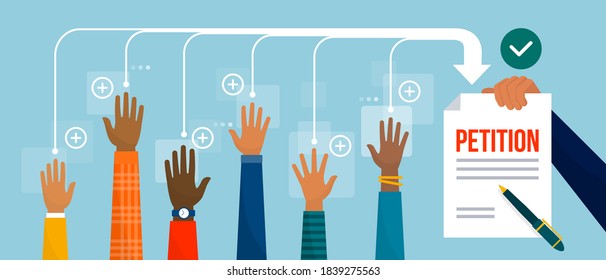 Group of people signing a petition and lawyer holding a document, civil rights and community concept