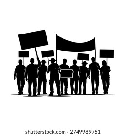 A group of people in silhouette holding up various protest signs and a large banner, demonstrating for a cause.