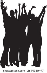 A group of people, silhouetted in black, stand close together with their arms raised in celebration or joy.  Their excitement is palpable.
