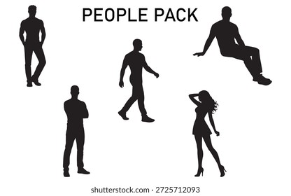 Grupo de siluetas de personas que presentan hombres y mujeres en diferentes poses como caminar, sentarse, pararse y posar.