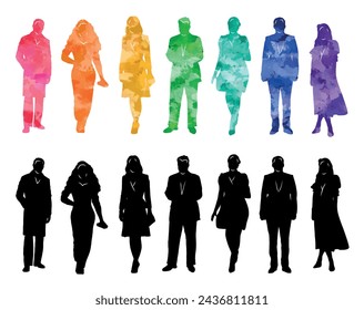 Group of people, silhouettes of men and women, passers-by, ladies and gentlemen, office workers, businessmen, business people. Colorful vector illustration.