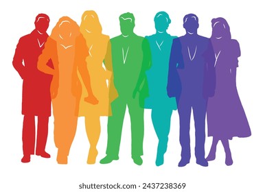 Group of people, silhouettes of men and women, passers-by, ladies and gentlemen, office workers, businessmen, business people. Colorful vector illustration.