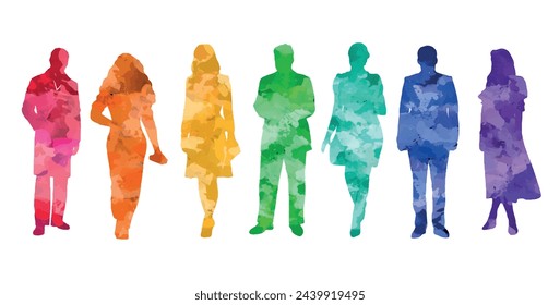 Group of people, silhouettes of men and women, passers-by, ladies and gentlemen, office workers, businessmen, business people. Colorful vector illustration.