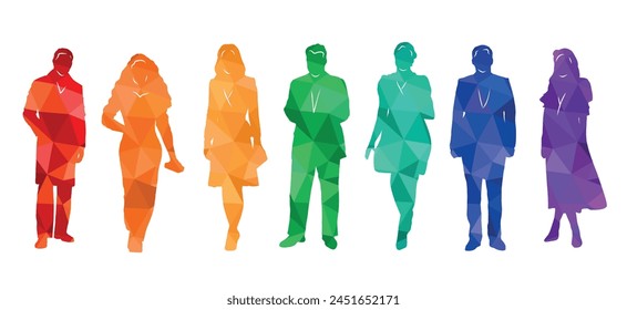 Group of people, silhouettes of men and women, passers-by, ladies and gentlemen, office workers, businessmen, business people. Colorful vector illustration.