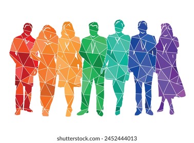 Group of people, silhouettes of men and women, passers-by, ladies and gentlemen, office workers, businessmen, business people. Colorful vector illustration.