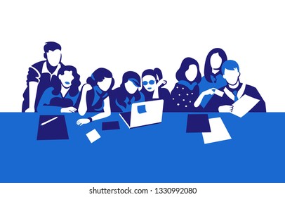 Group of people silhouettes vector banner design. Female, male office workers, designers. Students, pupils studying. Colleagues, coworkers, friends together. Teamwork illustration with copyspace