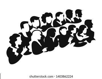 Group of people silhouettes vector banner design. Female and male black figures clipart. character of audience in the conference hall. Women, men on white background. Crowd isolated illustration