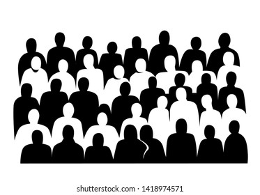 Group of people silhouettes vector banner design. Female and male black figures clipart. character of audience in the conference hall. Women, men on white background. Crowd isolated illustration