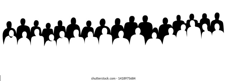 Group of people silhouettes vector banner design. Female and male black figures clipart. character of audience in the conference hall. Women, men on white background. Crowd isolated illustration