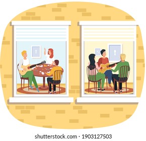 Group of people sing songs and play guitar sitting in apartment. Coronavirus, social isolation, quarantine concept. Young men, group of friends musicians relax playing musical instruments stay at home