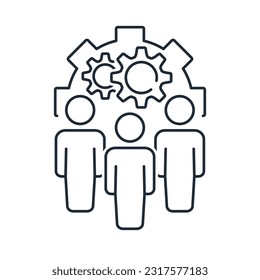 A group of people in a single mechanism. Effective team work.Vector linear icon isolated on white background.