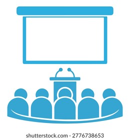 A group of people sit in an audience facing a podium with microphones and a large projection screen above.