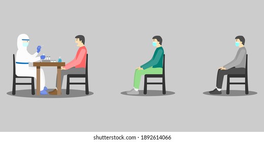 Group Of People Sit On The Chair Waiting In Line For Getting Covid-19 Swab Test. Queue Up And Keep Social Distancing For Corona Virus Testing Cartoon Vector