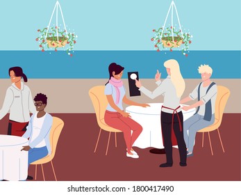 Gruppe von Menschen sitzt am Tisch und ordnet Mahlzeit Vektorgrafik-Design